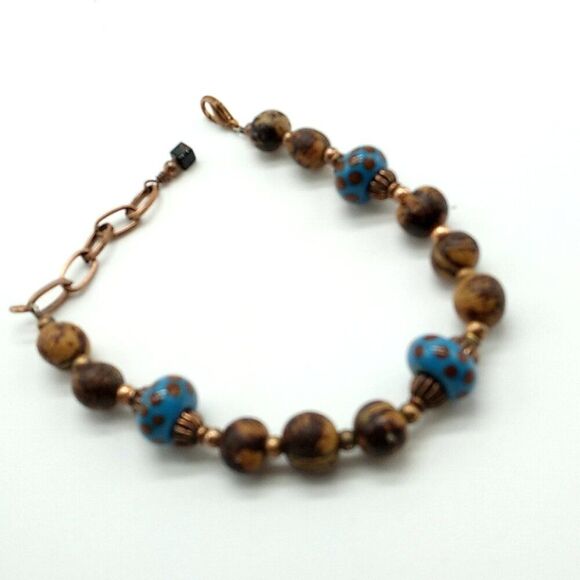 Artisan Koa Bracelet-Anklet Glass Lampwork Beads Copper-tone Spacers & Chain - Picture 5 of 11